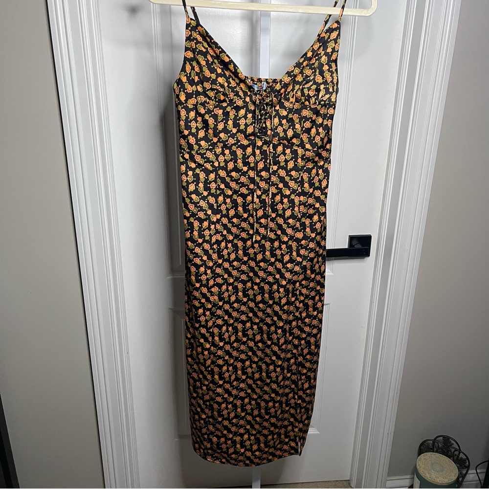 Urban Outfitters Heart Print Midi Dress Size M Black Orange Green Smocked Back